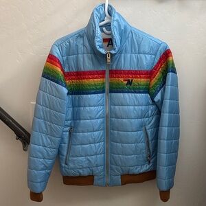 Aviator Nation Light Blue Puffer with Rainbow Stripes